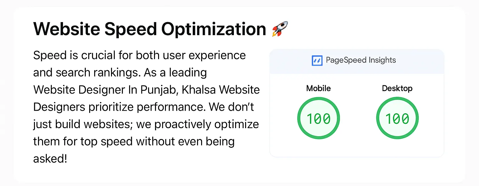 Proof Khalsa Website Designers Offer Speed Optimization In Punjab 100 out of 100 Speed Score in Mobile and Desktop